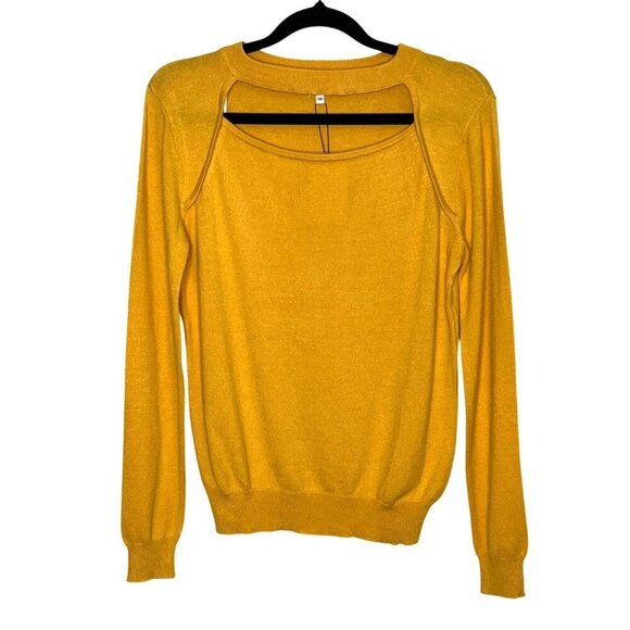 NWT UniQ Mustard Yellow Cutout Neck Long Sleeve Sweater S/M Rayon Nylon - Picture 2 of 7